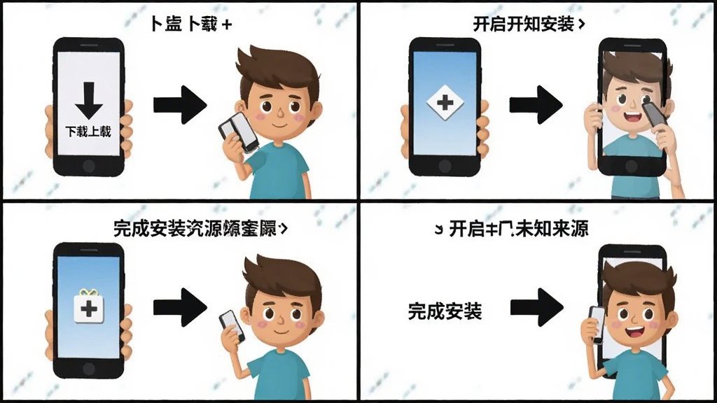 一幅手机应用安装步骤的示意图,画面分为四个小格子,分别展示下载、安装、开启未知来源、完成安装的步骤,每一步都有箭头指示,风格简洁明了,背景为白色,人物角色为卡通风格,突出教程的实用性,画质清晰,无多余元素