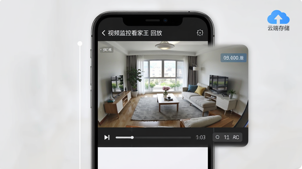 主体为“视频监控看家王”的录像回放界面,手机屏幕上显示一个时间轴和视频播放器,画面中呈现白天客厅的监控录像,右上角有“云端存储”标识。布局以手机屏幕为主,背景为浅灰色,排版简洁,风格专业,细节包括播放进度条和清晰度选项,画质高清,干净无多余元素