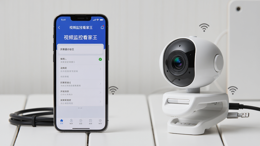 画面主体为一部手机和一台家用摄像头并排放置,手机屏幕显示“视频监控看家王”的设置界面,摄像头镜头对准手机。背景为简洁的桌面,布局左右对称,排版干净,风格写实,细节包括数据线连接和Wi-Fi图标,画质高清,干净无多余元素