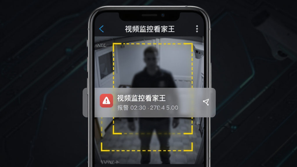 画面主体为“视频监控看家王”的报警通知界面,手机屏幕中央显示一条报警推送消息,背景是监控画面中捕捉到一个模糊的人影轮廓,周围有黄色警示框。布局以手机屏幕为主,四周搭配深色背景突出主体,排版简洁明了,风格偏向科技安全风,细节包括通知图标和报警时间,画质清晰,干净无多余元素