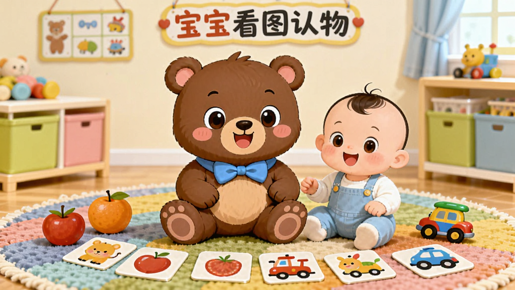画面主体为一只可爱的卡通小熊和宝宝一起坐在彩色地毯上,周围散落着水果、动物、交通工具等卡片,背景是温馨的儿童房,墙上挂着“宝宝看图认物”字样。布局采用居中构图,主体突出,排版清爽。风格为明亮卡通插画,色彩鲜艳,细节丰富,画质清晰干净,无多余元素。