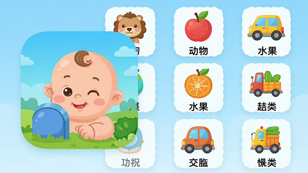 画面主体为宝宝看图认物应用图标和多个分类图标(动物、水果、交通工具等)整齐排列,背景为浅蓝色渐变,布局采用网格排版,每个图标下方标注“动物”、“水果”等文字。风格为扁平化设计,色彩明快,细节精致,画质干净清晰,无多余元素。