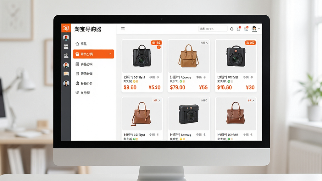 主体:淘宝导购器软件界面展示,电脑屏幕中显示商品推荐列表与比价图表,布局:屏幕居中,界面清晰,排版:左侧为商品分类导航,右侧为商品卡片瀑布流,风格:现代简约,界面明亮,细节:商品图片清晰,价格标签醒目,画质:高清,干净,无多余元素。