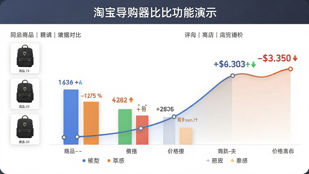 主体:淘宝导购器比价功能演示,显示同款商品在不同店铺的价格对比柱状图,布局:图表居中,数据清晰,排版:左侧为商品缩略图,右侧为价格曲线,风格:商务简洁,细节:价格数字突出,涨跌颜色区分,画质:高清,干净,无多余元素。