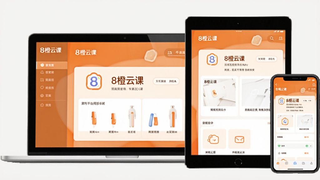 一张多设备展示图,从左到右依次为笔记本电脑、平板电脑和智能手机,屏幕上都显示“8橙云课”界面,背景为浅灰色,构图平衡,强调跨平台同步概念,画质干净,无多余元素