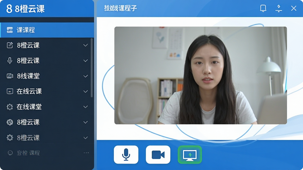 一张现代简约风格的电脑桌面截图,显示“8橙云课”在线课堂主界面,左侧为课程列表,右侧为视频直播窗口,下方有麦克风、摄像头、屏幕共享等图标按钮,整体布局清晰,蓝白配色,画质干净,无多余元素