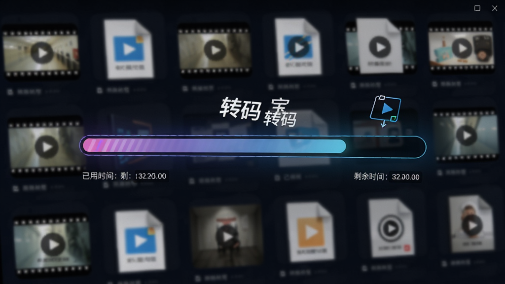 “转码宝”极速转码界面,主体为进度条快速前进的动画效果,背景有多个视频文件缩略图,布局动感,科技感风格,细节显示已用时间和剩余时间,画质清晰,干净无多余元素