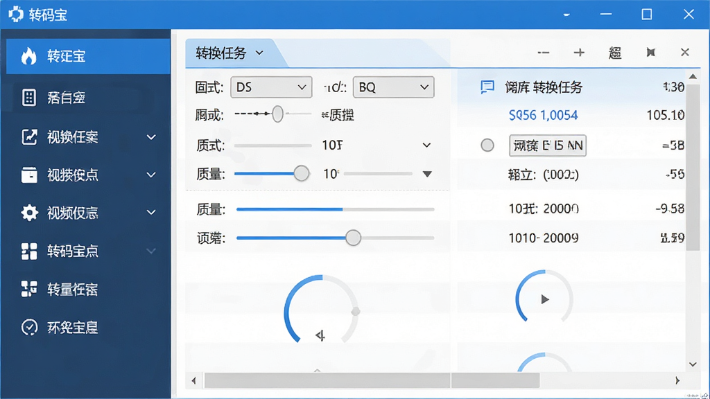 高清视频转换软件界面截图,主体为“转码宝”主窗口,左侧功能列表,右侧转换任务列表,布局清晰,扁平化设计,蓝色主色调,细节显示格式选择、质量滑块等控件,画质清晰,干净无多余元素