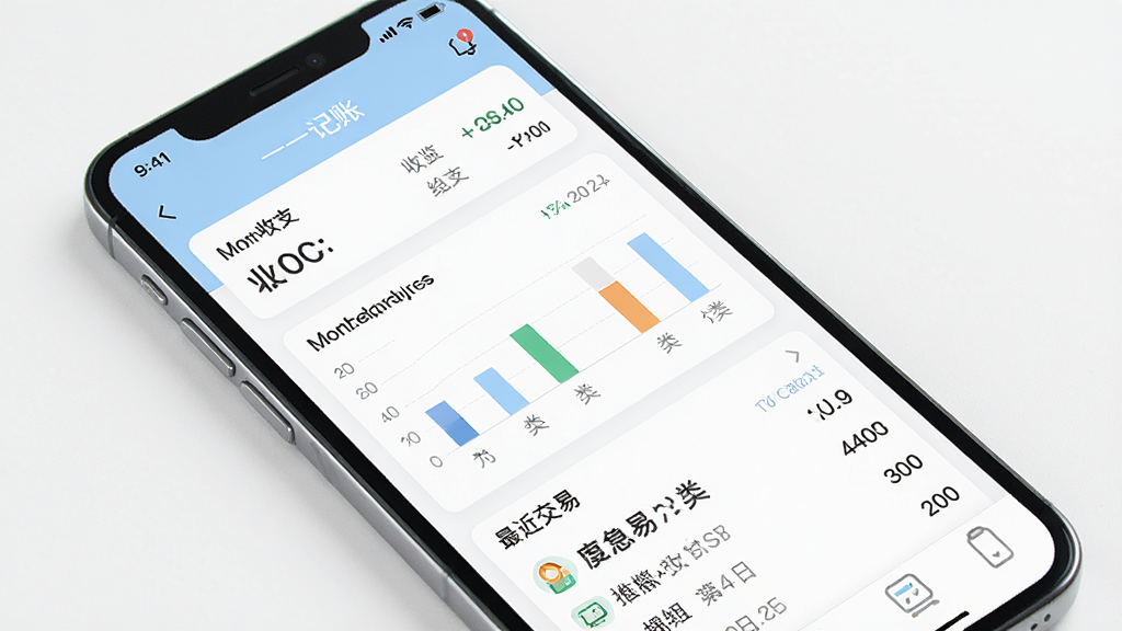 一张展示一一记账APP主界面的高清产品预览图,主体是手机屏幕中的APP界面,界面设计极简清爽,以白色和淡蓝色为主色调,清晰显示本月收支总览、分类统计图表和最近交易记录列表,布局简洁明了,排版整齐有序,风格现代简约,细节丰富,画质清晰干净,无多余元素