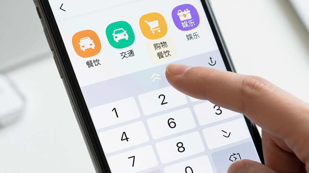 一张一一记账APP记账操作界面的截图预览图,主体是手机APP的记账输入页面,屏幕中央显示数字键盘,上方有餐饮、交通、购物、娱乐等彩色分类图标,用户手指正在点击“餐饮”分类,界面布局简洁,排版清晰,风格清爽明快,细节真实,画质干净,无多余元素