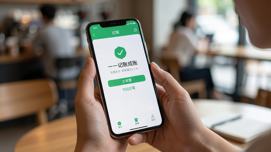 一张一一记账APP在手机上使用的实拍场景图,主体是用户手持手机正在使用一一记账应用,屏幕显示记账成功后的提示界面,背景是模糊的咖啡馆环境,主体突出,布局自然,排版舒适,风格生活化,细节丰富,画质清晰干净,无多余元素
