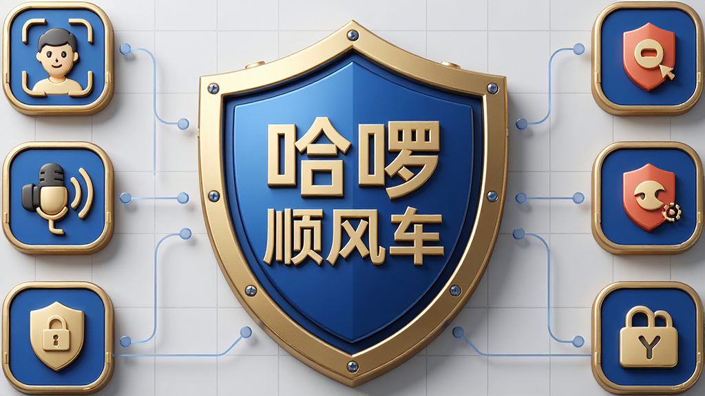 主体:盾牌图标内嵌“哈顺风车”字样,周围环绕安全功能图标。布局:盾牌位于画面中央,四周环绕人脸识别、录音、报警等小图标。排版:对称式布局,盾牌突出,文字标签清晰。风格:3D图标风格,蓝金色调,庄重且科技感。细节:盾牌金属质感,小图标精致,背景为浅灰色网格。画质:8k超清,光影自然,干净无多余元素。