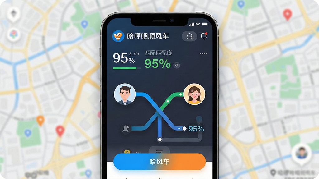 主体:智能手机屏幕展示哈顺风车app的匹配界面,两名用户头像通过线路连接。布局:手机位于画面中央,屏幕内容特写,背景为虚化的城市地图。排版:界面清晰显示“哈顺风车”LOGO、匹配度百分比、路线示意。风格:扁平化UI设计结合轻微拟物阴影,科技感强。细节:屏幕中两条路线交汇,匹配度95%醒目显示,按钮颜色鲜明。画质:高清晰度,界面细节丰富,背景虚化干净无多余元素。