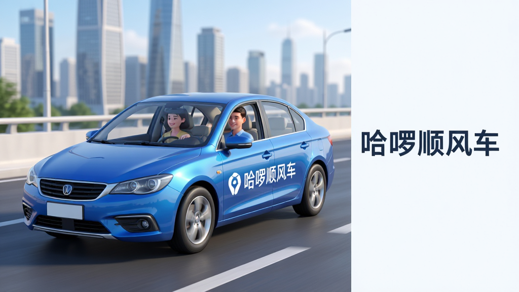 主体:一辆带有“哈顺风车”标识的蓝色轿车行驶在宽阔的城市道路上,车内乘客与司机微笑交谈。布局:汽车位于画面中央偏左,右侧留白可放置文字,背景为简洁的现代城市天际线。排版:画面干净,汽车主体突出,文字区域预留。风格:写实3D渲染风格,色彩明亮清新,蓝色与白色为主色调。细节:车身光洁反射环境光,车窗清晰可见乘客与司机,道路标线清晰。画质:8k超高清,光线柔和,干净无多余元素。