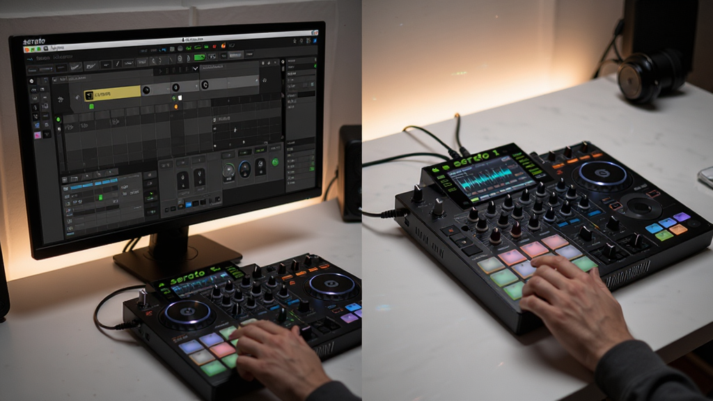 主体:Serato DJ软件界面与DDJ-S1控制器联动操作场景。布局:软件界面在屏幕,控制器在桌面,手指按压打击垫。排版:左右分割,左软件右硬件。风格:专业工作台风格,灯光柔和。细节:软件界面轨道清晰,控制器按键发光。画质:高清,干净,无多余元素。