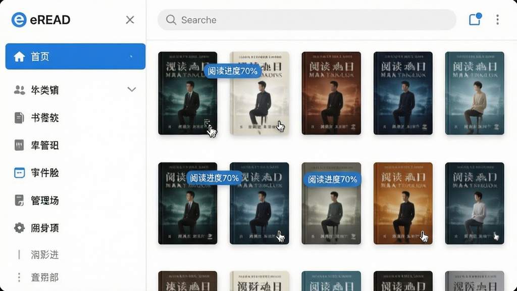 主体:eREAD阅读器软件内的书库管理界面截图。布局:左侧为分类导航栏,右侧为书籍封面缩略图网格排列。排版:书籍封面整齐排列,上方有搜索栏。风格:清爽的UI设计,白色背景搭配蓝色高亮。细节:封面图上悬浮鼠标指针,显示“阅读进度70%”标签。画质:细腻清晰,干净,无多余元素。