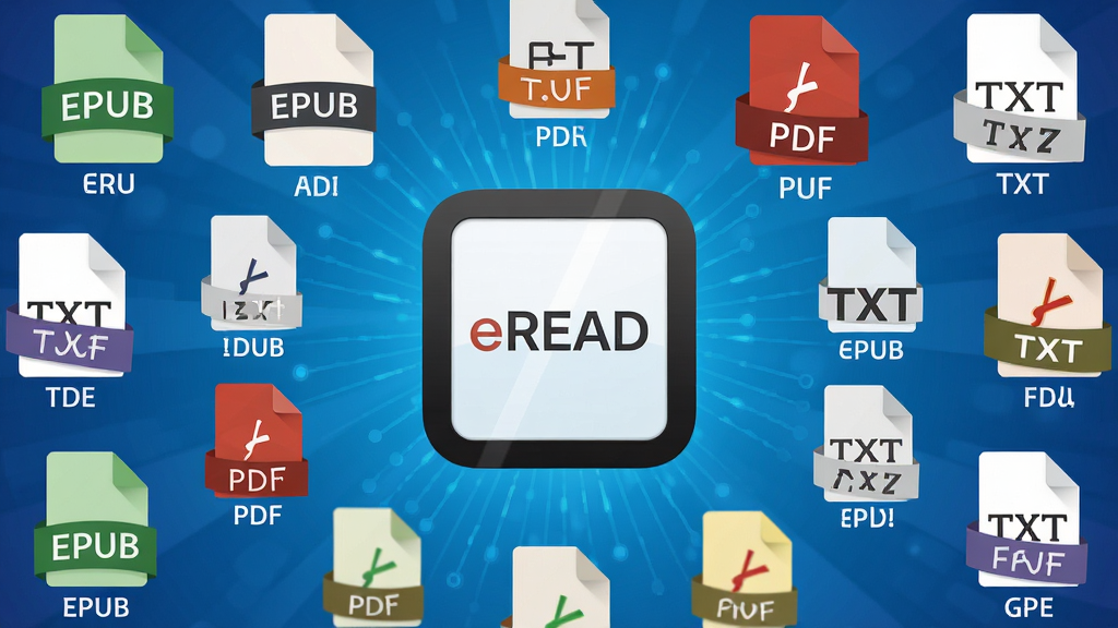 主体:eREAD阅读器软件图标与多种电子书格式文件图标(如EPUB、PDF、TXT)环绕排列。布局:中心为eREAD图标,周围放射状分布各格式图标,背景为渐变蓝色科技感。排版:图标大小错落有致,疏密得当。风格:扁平化插画风,色彩明快。细节:每个格式图标下方标注对应英文缩写。画质:高清晰度,干净,无多余元素。
