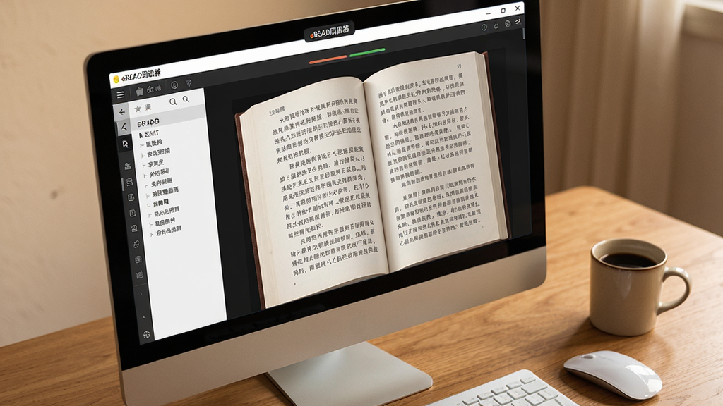 主体:电脑上运行eREAD阅读器软件,界面显示一本打开的中文电子书,旁边有鼠标和咖啡杯。布局:电脑屏幕斜放,屏幕内容清晰,背景为木质桌面。排版:屏幕内正文清晰,左侧有目录面板。风格:写实摄影风格,暖色调。细节:屏幕边缘有“eREAD阅读器”的窗口标题。画质:高分辨率,干净,无多余元素。