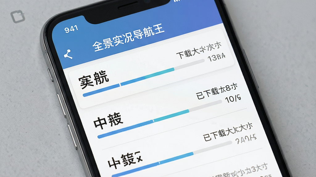 手机屏幕显示“全景实况导航王”的离线地图下载管理界面,列表中有几个城市名称,旁边有下载进度条与已下载大小显示,背景为简约的灰色纹理,界面风格清爽,信息层级分明,画质干净,无多余元素