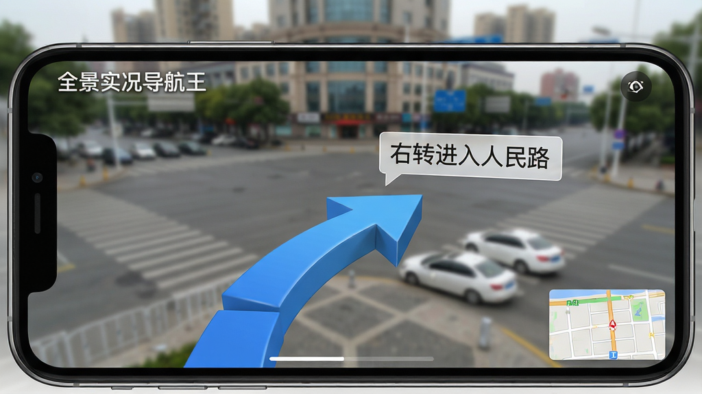 手机横屏展示“全景实况导航王”的AR实景模式,背景是模糊的城市十字路口实拍照片,前景中央有清晰锐利的3D立体蓝色箭头指向右前方,箭头旁悬浮着白色半透明的“右转进入人民路”文字标签,画面右下角有小地图缩略图,整体色调真实自然,UI元素与实景融合度高,画质清晰,无多余元素