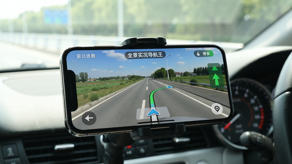 一部手机固定在车载支架上,屏幕显示“全景实况导航王”的实景导航,前方道路画面与虚拟箭头清晰可见,驾驶员视角,光线明亮,背景是模糊的挡风玻璃与仪表盘,整体氛围科技感强,画质干净,无多余元素