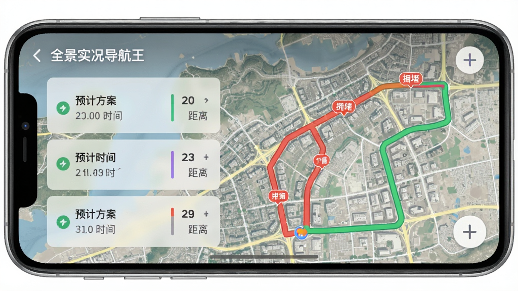 手机屏幕显示“全景实况导航王”的路线规划界面,地图上绘制着三条不同颜色的路线,红色标注拥堵路段,绿色标注畅通路线,左侧有半透明的卡片列出三条方案的预计时间与距离,背景为淡雅的城市卫星地图风格,界面层次分明,色彩柔和,画质干净,无多余元素