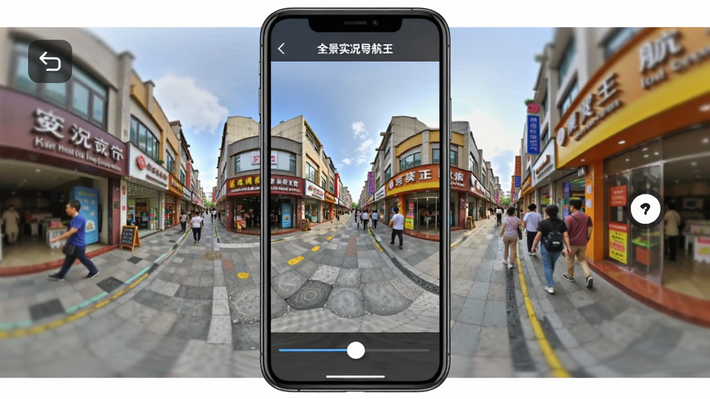 手机竖屏展示“全景实况导航王”的街景浏览页面,画面显示一条商业街的360度全景照片,用户可以看见两旁的店铺招牌与行人,屏幕底部有拖动时间轴的滑块,左上角有返回箭头按钮,界面简洁,照片色彩鲜艳锐利,画质高清,无多余元素