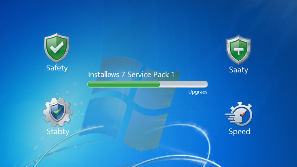 Windows 7 Service Pack 1系统升级界面,蓝色主题背景,中央显示安装进度条,周围环绕着代表安全、稳定、速度的图标,整体风格简洁专业,画质高清,干净无多余元素