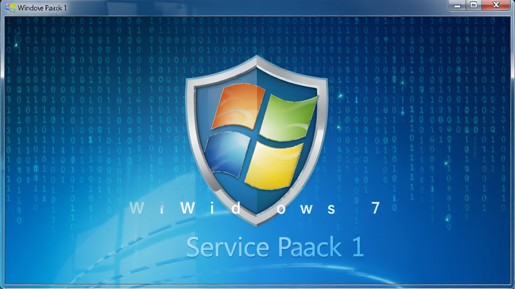 Windows 7 Service Pack 1安全防护界面,盾牌图标为中心,背景为二进制代码雨,蓝色科技感色调,构图层次分明,画质细腻,干净无多余元素
