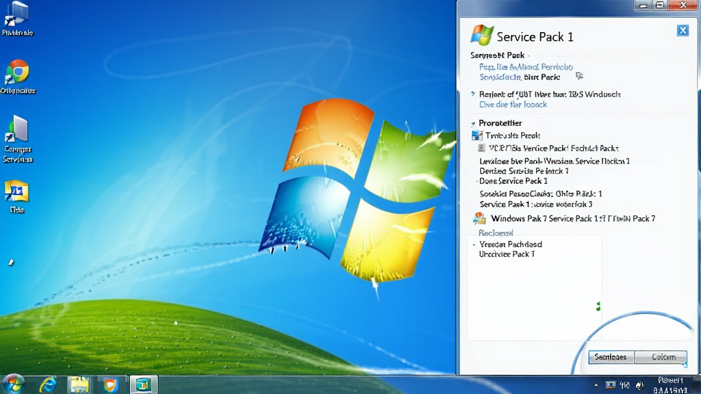 Windows 7 Service Pack 1安装完成后的桌面截图,背景为经典蓝色窗口,显示系统属性中Service Pack 1版本信息,画面清晰,干净无多余元素