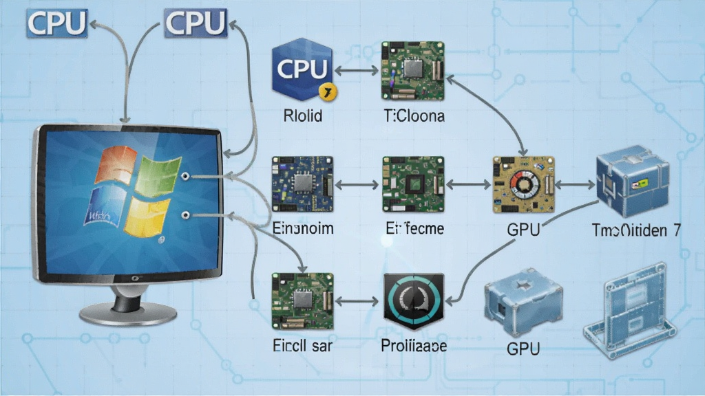 Windows 7 Service Pack 1硬件兼容性图表,展示CPU、GPU、主板等硬件图标通过线条连接到一台显示器,背景为淡蓝色技术网格,风格写实,画质清晰,干净无多余元素