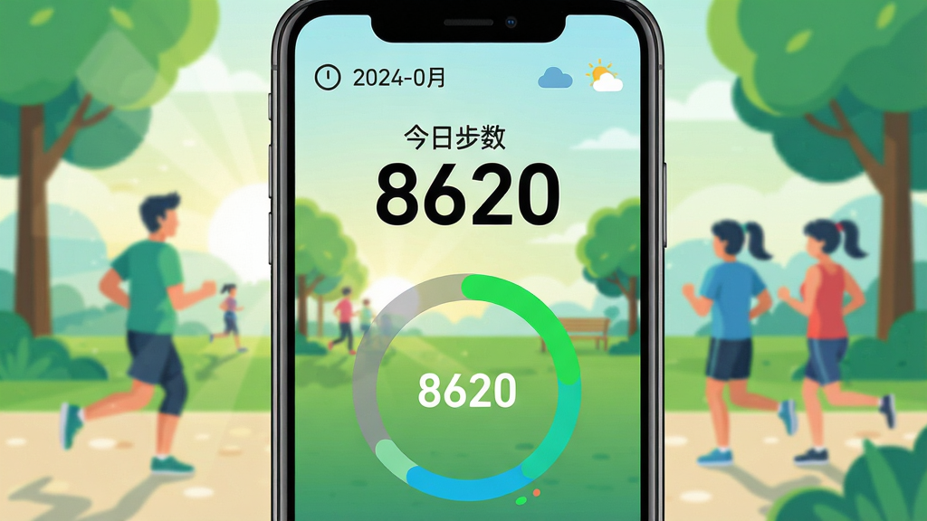 主体:一部智能手机屏幕显示健康运动计步器主界面,界面中有大大的步数数字和彩色环形进度条,背景是清晨公园跑步的人们。布局:手机居中,屏幕内容清晰可见,周围留白。排版:手机屏幕内信息层级分明,数字醒目。风格:扁平化插画风格,色调清新明亮,绿色和蓝色为主。细节:屏幕显示“今日步数 8620”字样,进度环接近满圈,顶部有日期和天气图标。画质:高清,干净,无多余元素。
