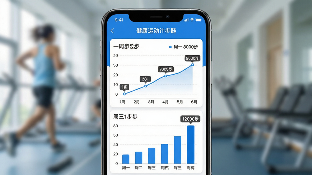主体:健康运动计步器的数据统计页面,包含折线图和柱状图,展示一周步数变化。布局:手机屏幕占据画面中心,图表清晰,背景虚化。排版:图表色彩区分明显,图例清晰。风格:简约商务风,蓝白配色。细节:折线图标注“周一 8000步”等数据,柱状图显示“周三 12000步”最高。画质:高清,干净,无多余元素。
