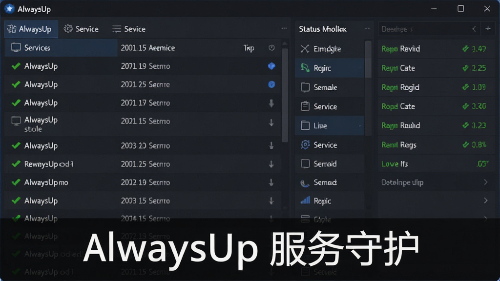 主体为AlwaysUp软件主界面截图,布局为左侧服务列表,右侧状态监控面板,排版清晰,风格为现代深色UI,细节显示绿色运行状态图标,画质高清干净,无多余元素,图片底部文字标注