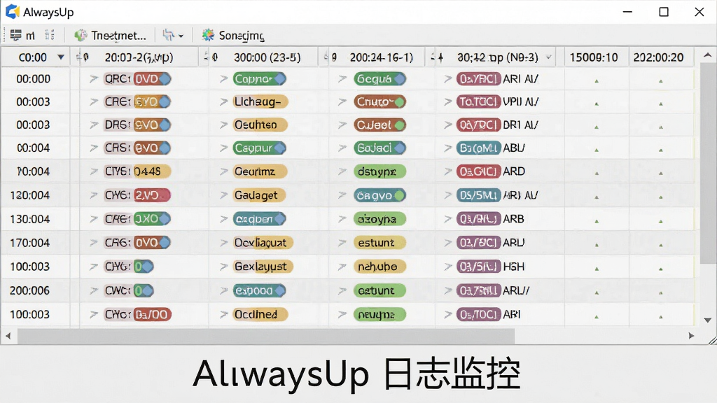 主体为AlwaysUp的日志查看界面,布局为表格形式,排版为时间线排列,风格为浅灰质感,细节显示不同颜色的日志级别标签,画质干净无多余元素,图片底部文字标注