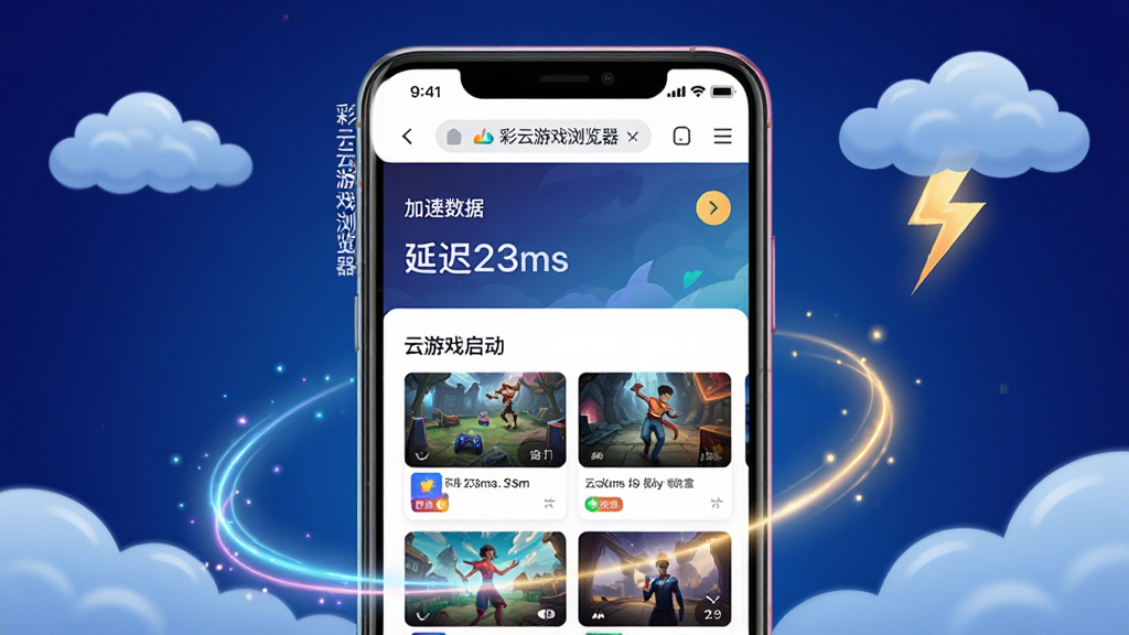 主体:彩云游戏浏览器在手机上的运行画面,展示游戏加速面板和云游戏启动界面;布局:手机居中,屏幕内显示浏览器界面,周围有光效点缀;排版:手机竖直放置,屏幕内展示加速数据(延迟23ms)和云游戏列表;风格:写实与插画结合,色彩鲜艳;细节:手机边缘有“彩云游戏浏览器”字样,背景为深蓝色渐变,有云朵和闪电元素;画质:高清,干净,无多余元素。