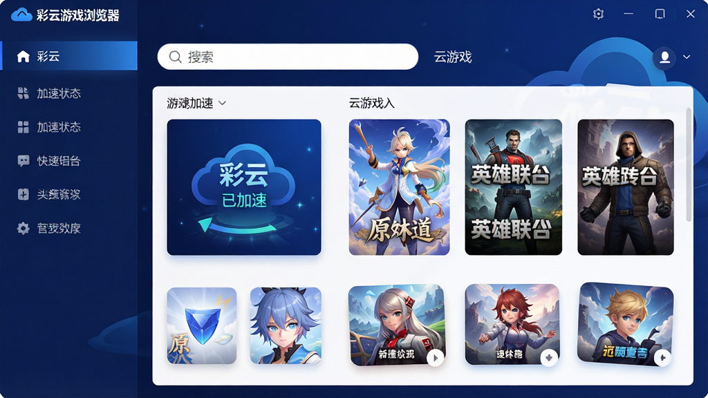 主体:彩云游戏浏览器主界面,展示游戏加速面板与云游戏入口;布局:左侧为功能导航栏,右侧为内容展示区,中间为搜索框与快捷游戏图标;排版:简洁清晰,图标排列整齐,色彩以深蓝和白色为主,突出“彩云”主题;风格:现代科技感,扁平化设计,带有轻微的渐变与光效;细节:界面左上角有“彩云游戏浏览器”字样,加速状态显示“已加速”,云游戏区域显示《原神》《英雄联盟》等热门游戏封面;画质:高清,干净,无多余元素。