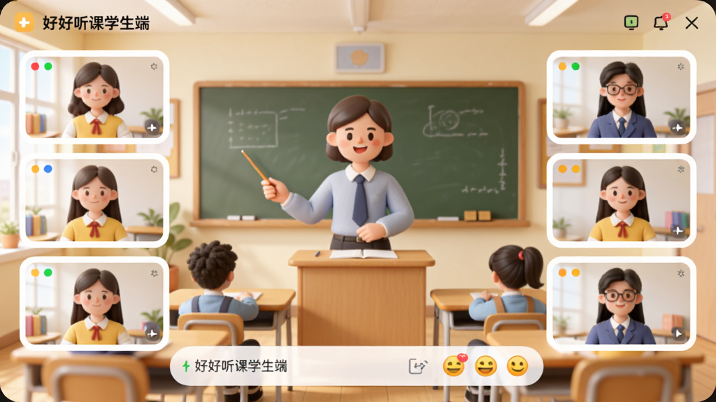 ͼƬ����Ϊ���ú�����ѧ���ˡ��Ļ������ù��ܽ��棬���ֲ��ý��ҳ���ģ����ͼ�������������ڿεĽ�ʦ������Χ�����Ŷ��ѧ����Ƶ���ߴ��ڡ��Ű�����ÿ�Ƭʽ���֣�ǳɫ���������ɫ״ָ̬ʾ�㡣ϸ�ڷ��棬��Ļ�·������������ͱ�������������������������������ܰ�Ҹ��пƼ��У��ɾ��޶���Ԫ�ء�