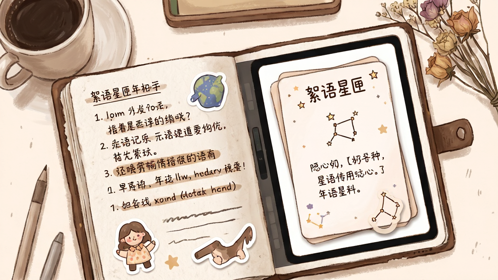 画面主体为一本翻开的电子日记本,页面左侧是手写风格的文字与贴纸,右侧显示“絮语星匣”的星语指引卡片,卡片上有一个小小的星座符号和一句暖心短句。布局为左右对称的平铺视角,背景是书桌一角,有咖啡杯和干花,风格温馨手绘,细节包括纸张纹理、笔迹的深浅变化和贴纸的阴影,画质细腻柔和,干净无多余元素。