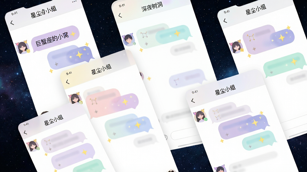 画面主体是几个手机聊天界面的叠加,每个界面顶部显示不同的“星尘小组”名称,如“巨蟹座的小窝”、“深夜树洞”,界面中气泡颜色柔和,有星星点缀。布局为错落有致的悬浮排列,背景是深邃的星空,风格清新社交,细节包括消息气泡的圆角、头像上的小星座角标,画质清晰明亮,干净无多余元素。