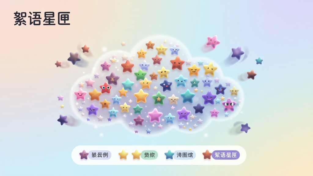 画面主体为一块大屏幕展示“絮语星匣”的心情云图,云图由无数个彩色的小星星组成,不同颜色代表不同心情,下方有图例说明。布局为全屏展示,背景是浅色渐变,风格清新活泼,细节包括星星的明暗变化、动态漂浮效果和图例的圆角标签,画质清晰细腻,干净无多余元素。