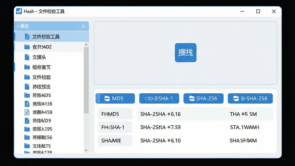 主体:Hash软件主界面截图,展示一个简洁的窗口,左侧为文件列表,右侧显示多种哈希值结果。布局:界面分为上下两部分,上方为拖拽区域,下方为结果输出区域,整体排版清晰。排版:采用卡片式布局,功能按钮排列整齐,色彩以蓝白为主。风格:现代简约风格,扁平化设计,图标线条流畅。细节:窗口标题栏显示“Hash - 文件校验工具”,结果区域包含MD5、SHA-1、SHA-256等标签。画质:高清,干净,无多余元素。