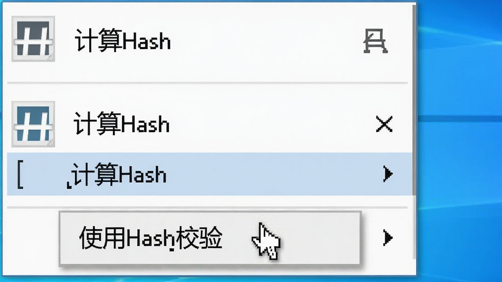 主体:Windows右键菜单截图,显示“计算Hash”选项,旁边有Hash图标。布局:菜单列表垂直排列,背景为白色,选项清晰。排版:右键菜单标准样式,图标位于文字左侧。风格:Windows原生风格,简洁。细节:菜单项下方有“使用Hash校验”子菜单,鼠标悬停效果。画质:高清,干净,无多余元素。