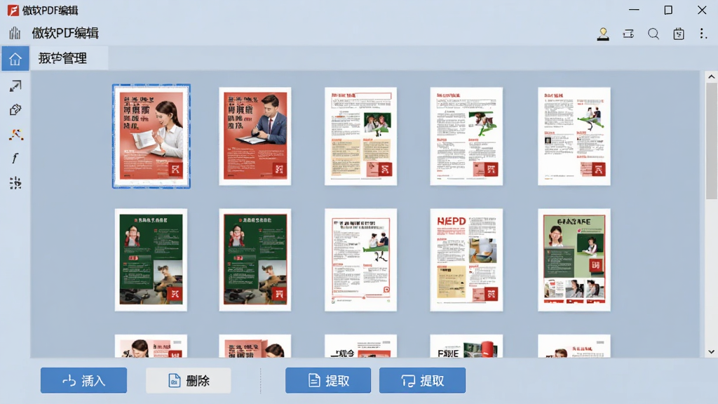 画面为“傲软PDF编辑”软件页面管理界面,中央显示多页PDF缩略图,用户可以拖拽调整顺序,底部有插入、删除、提取等按钮,背景为浅蓝灰色,整体风格清爽,界面直观,画质清晰,突出页面管理的便捷性。
