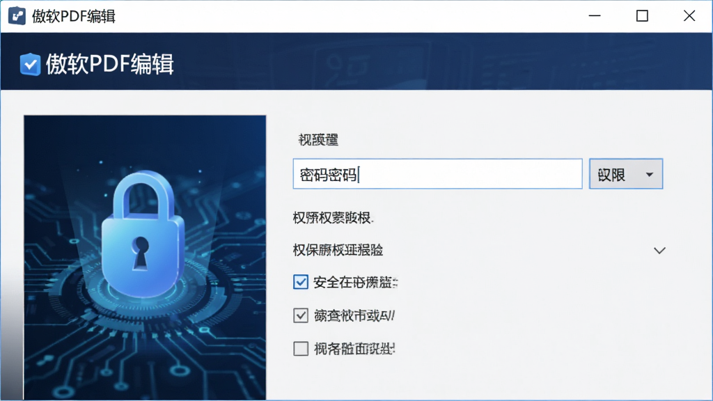 图片显示“傲软PDF编辑”软件安全设置界面,包含密码输入框与权限选项,背景为深蓝色科技感元素,配有锁形图标,整体风格稳重,布局简洁,画质锐利,突出安全保护的专业感。