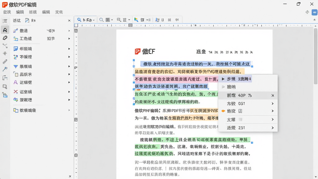 图片主体为“傲软PDF编辑”软件编辑界面,左侧显示工具列表,右侧为正在编辑的PDF文档,文档中的文字被高亮选中并显示编辑菜单,背景为浅灰色工作台,整体布局清晰,风格写实,画质细腻,突出文本编辑功能的实用性与流畅感。