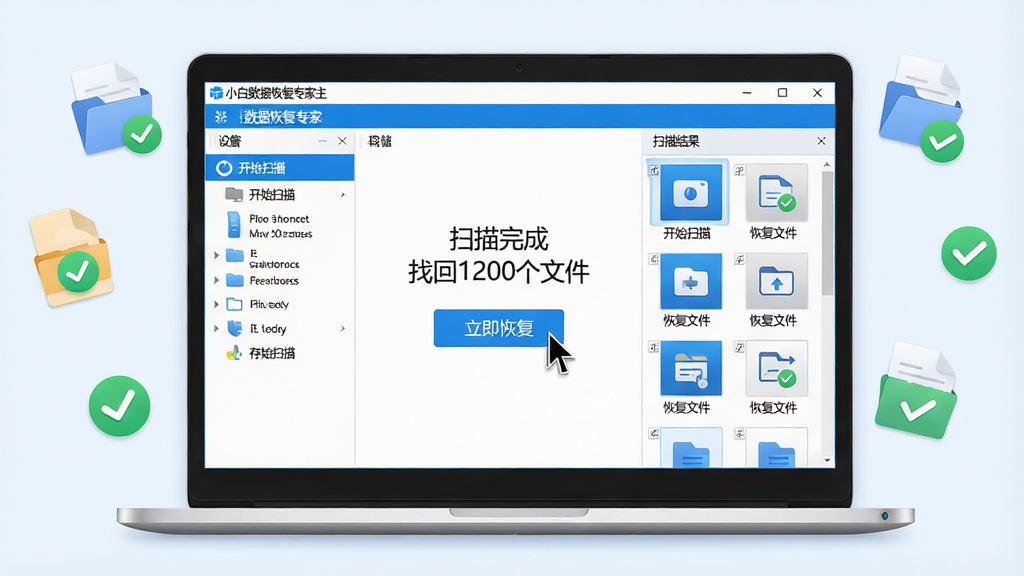 主体:一台Windows笔记本电脑屏幕显示小白数据恢复专家主界面,界面风格简洁明亮,左侧为存储设备列表,右侧为扫描结果缩略图。布局:居中构图,电脑屏幕占据主要视觉区域,周围有散落的文件图标和绿色对勾符号。排版:界面元素排列整齐,按钮清晰标注“开始扫描”“恢复文件”。风格:现代扁平化,色彩以蓝色和白色为主,点缀绿色成功提示。细节:屏幕中显示“扫描完成 找回1200个文件”字样,鼠标指针悬停在“立即恢复”按钮上。画质:高清渲染,干净,无多余元素。