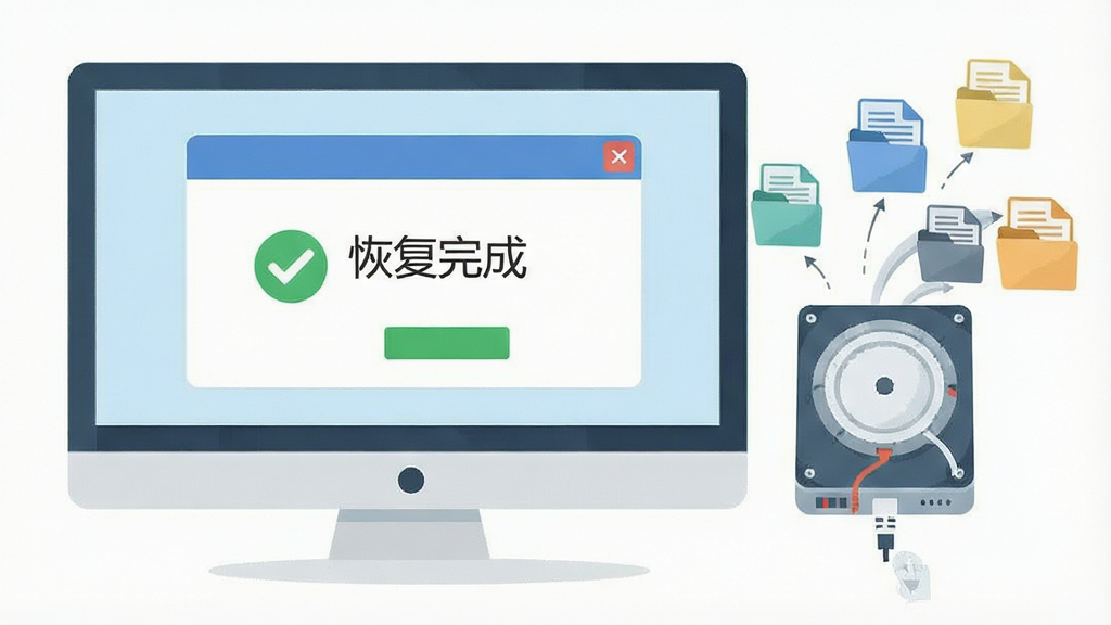 一张分步操作示意图,主体为电脑屏幕上的对话框,显示“恢复完成”并带有绿色对勾,旁边有一个外部硬盘图标。布局为单图居中,风格为简洁的扁平化插画,细节包含文件图标从硬盘飞出,画质干净,无多余元素。
