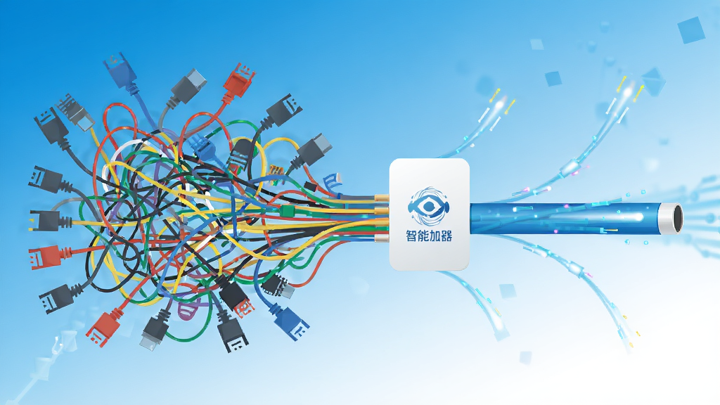 一幅展示中国移动智能加速器智能选路功能的示意图,画面左侧为杂乱的多条网络线路,右侧经过加速器后汇聚成一条笔直的高速光缆,背景为科技蓝与白色渐变,风格扁平化,画质干净,无多余元素