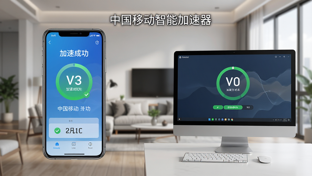 一张展示中国移动智能加速器在手机和电脑上使用的场景图,左侧是手机界面显示加速成功,右侧是电脑界面同样显示加速状态,背景为现代家居环境,风格写实,画质高清,干净无多余元素,图中文字标注“中国移动智能加速器”